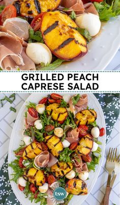 grilled peach and caprese salad on a white plate with text overlay