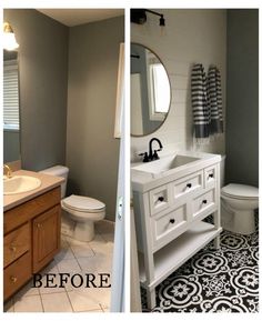 before and after photos of a bathroom remodel with white cabinets, black and white floor tiles