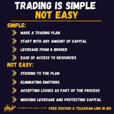 a poster with the words trading is simple not easy, and an arrow pointing to it