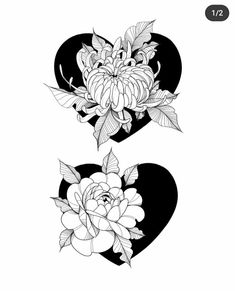 two hearts with flowers and leaves on them