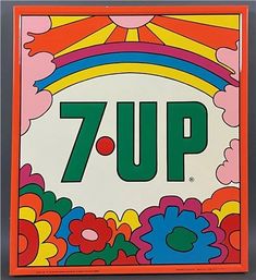 the seven up logo is shown on a white and orange background with flowers, rainbows, and clouds