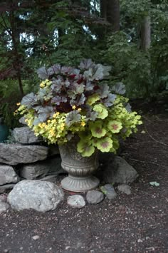 a vase filled with lots of flowers sitting on top of a pile of rocks next to trees