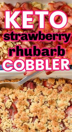 strawberry rhubarb cobbler with text overlay