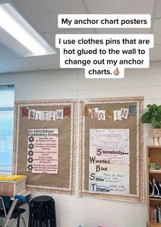 two bulletin boards are hanging on the wall next to each other in an empty classroom