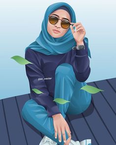 a woman sitting on the ground wearing sunglasses and a blue hijab with green leaves