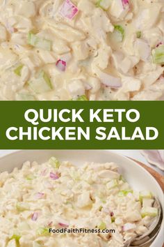 chicken salad in a white bowl with the words quick keto chicken salad above it