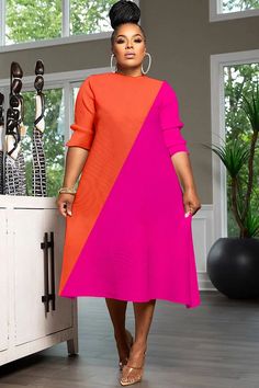 Xpluswear Design Plus Size Business Casual Multicolor Colorblock Round Neck 3/4 Sleeve Midi Dresses Plus Size Ankara Styles For Women, Plus Size Outfits Casual Comfy, Plus Size Parisian Style, Plus Size Business Casual Work Clothes, Modest Plus Size Fashion, Plus Size Business Casual, Best Plus Size Dresses, Plus Size Outfits Casual, Linen Dress Pattern