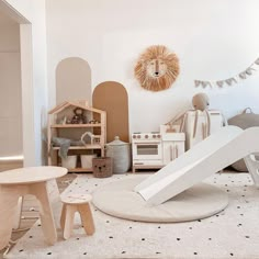 a child's playroom with toys and furniture on the floor in front of it