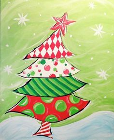 a painting of a christmas tree on a green background