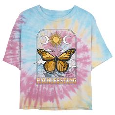 If you're looking for the hottest new trends, you're in the right place! Take your everyday style to the next level with this lovely new Juniors' Manifesting Butterfly T-shirt from Lost Gods! This tee features a monarch butterfly with a sun, moons, and the word: "Manifesting," across the front. Make everything from workouts to running errands, or even just lounging around the house a little extra chic! There’s no end to the awesomeness you’ll find when you shop apparel by Lost Gods Collective. Summer Multicolor T-shirt With Front Print, Spring Multicolor Slogan T-shirt, Multicolor Front Print T-shirt For Summer, Multicolor Tops With Front Print For Summer, Trendy Pink T-shirt With Front Print, Trendy Tie Dye T-shirt For Spring, Trendy Tie-dye T-shirt For Spring, T Shirt Pokemon, Butterfly T Shirt