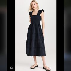 Meet The Wear-Everywhere Nap Dress; Soft, Comfortable, And Pretty Enough To Wear All Day And Night. The Ellie Is An A-Line Nap Dress With Elasticated Smocking, Ruffled Shoulders, Tiered Midi Skirt, And Pockets. This Classic Black Poplin Is Perfect For Every Occasion. Euc - Only Worn Once. Questions? Leave A Comment Below! Nap Dress, Tiered Midi Skirt, House On A Hill, House Dress, Black House, Classic Black, Smocking, Midi Skirt, Womens Dresses