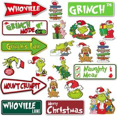 various christmas stickers and decals are shown in this image with the words grin on them