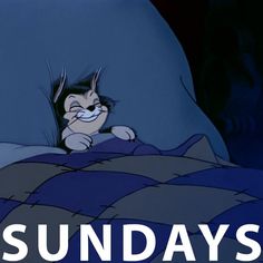 a cartoon character laying in bed with the caption sunday's