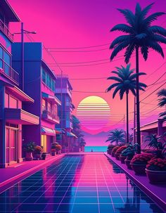 the sun is setting over an empty city street with palm trees and potted plants