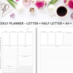 the printable weekly planner is next to a cup of coffee and other office supplies