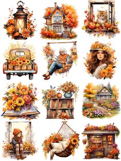 a bunch of pictures with autumn decorations on them