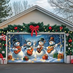 a garage decorated for christmas with snowmen playing guitar and singing in front of it