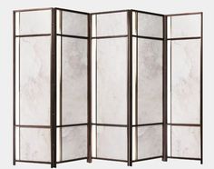 a room divider made out of marble with metal trimmings and glass panels