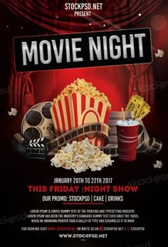 a movie night flyer with popcorn, sodas and tickets