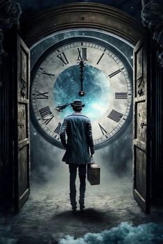 a man standing in front of an open door with a clock on it's face