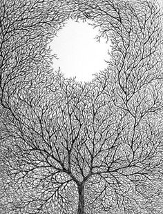 a black and white drawing of a tree with lots of branches in the shape of a circle