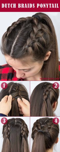 Easy Hairstyles For Medium Hair Step-by-Step ★ Hairstyle For Long Hair, Dutch Braids, Evening Hairstyles, Ponytail Hairstyle, Easy Hairstyles For School, Hairstyles For Medium Length Hair Easy