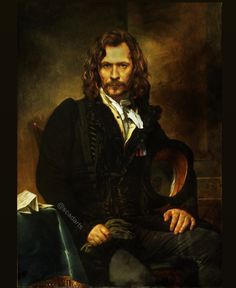 a painting of a man with long hair sitting in a chair and looking at the camera