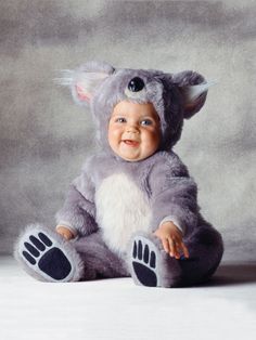 a baby in a koala costume sitting on the ground with its legs spread out