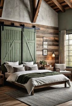 a bedroom with wooden walls and green shutters