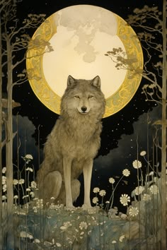 a painting of a wolf sitting in front of a full moon with flowers on the ground