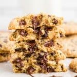 chocolate chip cookies stacked on top of each other