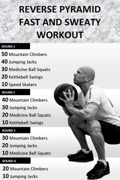 a man squatting with the words reverse pyramid fast and sweaty workout