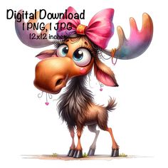 a cartoon moose with a pink bow on its head and big eyes is looking at the camera