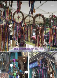 several pictures of various items hanging from the ceiling and on display at an outdoor market