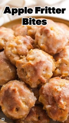 apple fritter bites on a plate with the words apples fritter bites