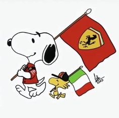 a drawing of a dog and a person holding a flag