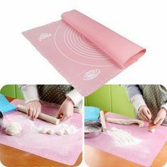 two pictures showing how to roll dough on a pink mat