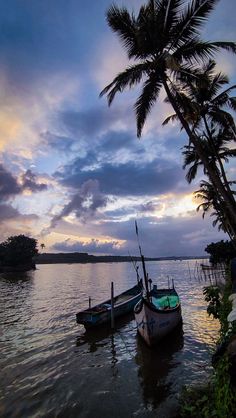 two boats are tied up in the water at sunset with palm trees on either side