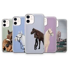 four phone cases with horses on them in different colors and sizes, all showing the same horse