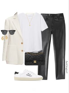 Straight Leg Leather Trousers Outfit, Straight Leather Trousers Outfit, Ysl Sneakers Outfit, Leather Straight Pants Outfit, Leather Straight Leg Pants Outfit, Straight Leg Leather Pants Outfit, Ysl Blazer, Leather Sneakers Outfit, Airport Ootd