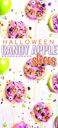 halloween candy apple slices on sticks with sprinkles and balloons in the background