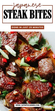 japanese steak bites on a white plate with text overlay