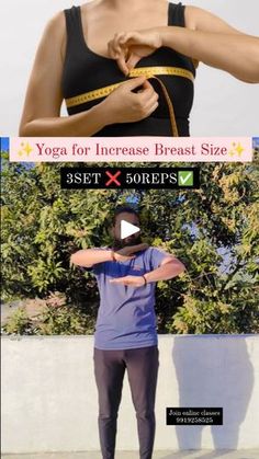 a woman is measuring her waist with a tape and the words yoga for increase breast size