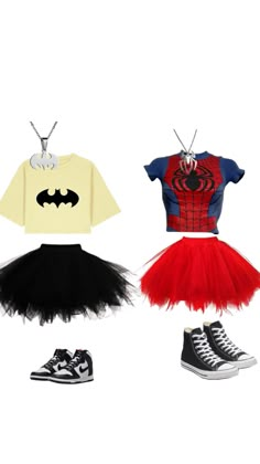 three different types of clothes with shoes on the bottom and one wearing a batman t - shirt