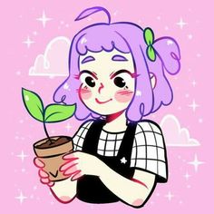 a cartoon girl holding a potted plant in her hands