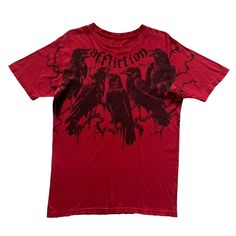 Affliction Crows Grunge Cyber Y2K Style T-Shirt * info : Classic Color / Good Condition * Color : Red * Size : S * Condition : 9/10 Measurements: Chest : 20 inch  Length : 27 inch Follow my store !! - New interesting items every day - Quick reply to your message - Worldwide Shipping Shipping: Item will shipped out in 1-2 days after full payment received. Economy Shipping 7-15 days, so please make sure your shipping address is correct before you buy item. * Please feel free to message me with any Red Affliction Shirt, Y2k Mens Clothes, 2000 Grunge, 2000s Affliction, Affliction Shirts, Red Shirts, Affliction Shirt, Grunge Affliction, Red Y2k