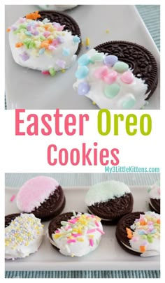 easter oreo cookies with white frosting and sprinkles