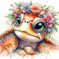 a drawing of a turtle with flowers on it's head and an ocean theme