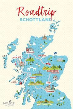 a map of scotland with the names and cities in red, white, and blue