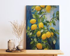 an oil painting of lemons on a tree branch